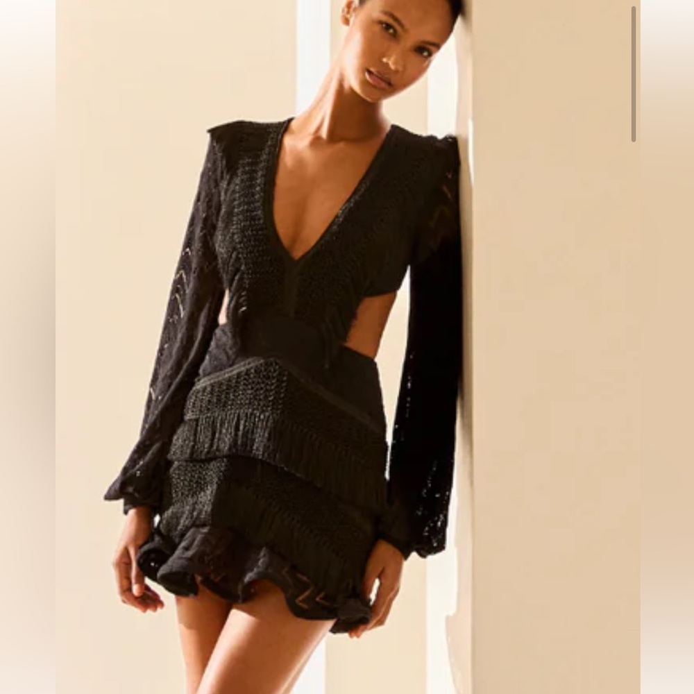 PatBO Black Long Sleeve Fringe Dress XS (sz 2)